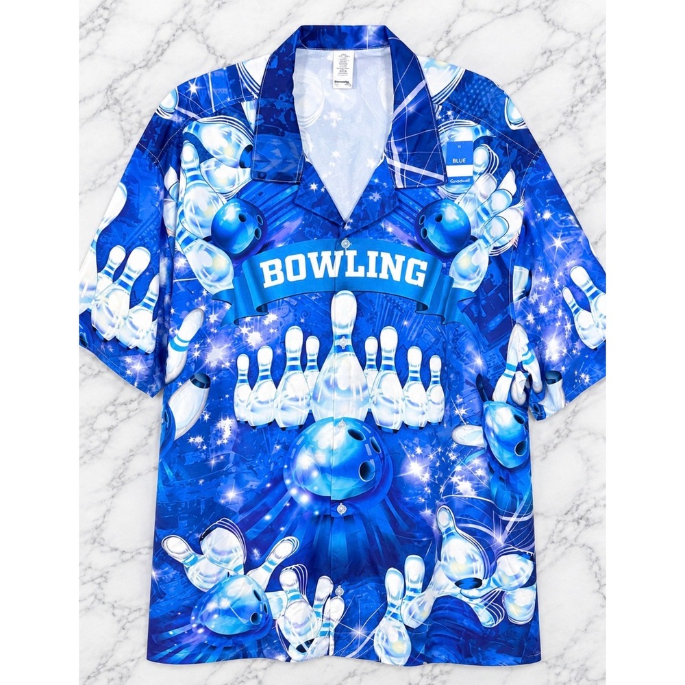 Unbranded Bowling Shirt Mens 3XL Blue Graphic Print Short Sleeve Camp